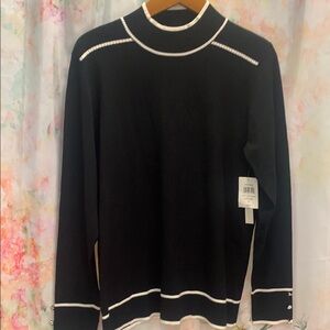 Black and White Turtleneck Sweater with Contrasting Trim